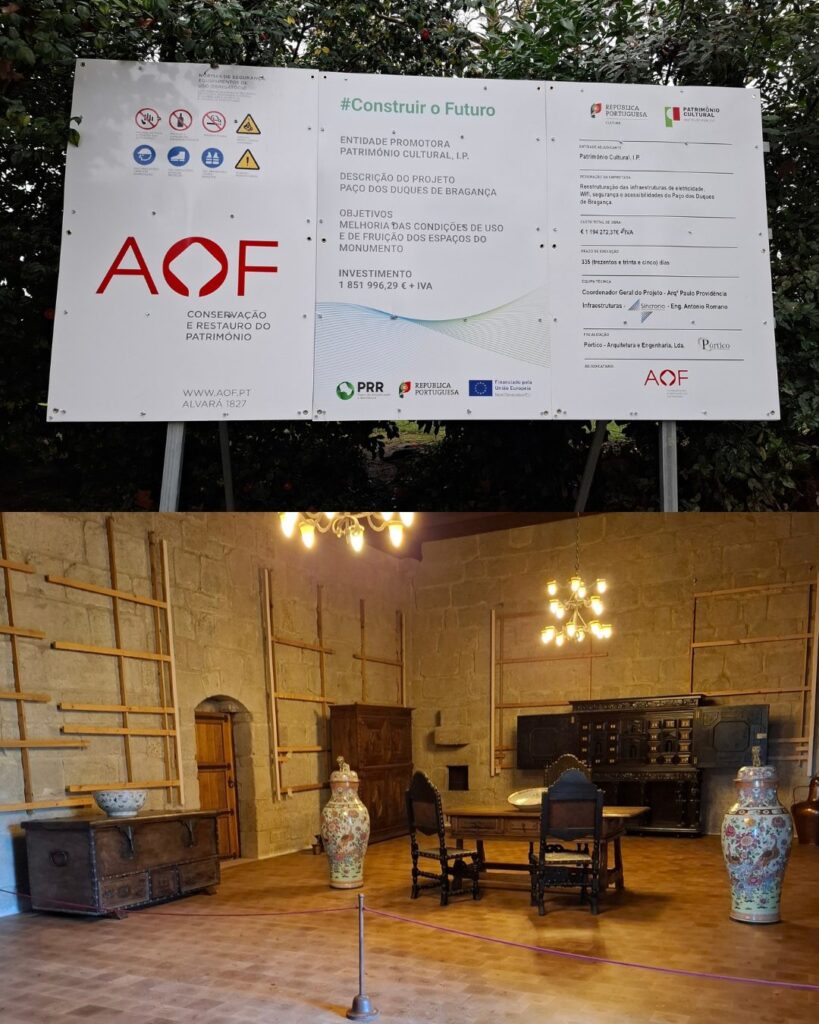 Placa da empreitada e sala do Paço dos Duques de Bragança após a intervenção